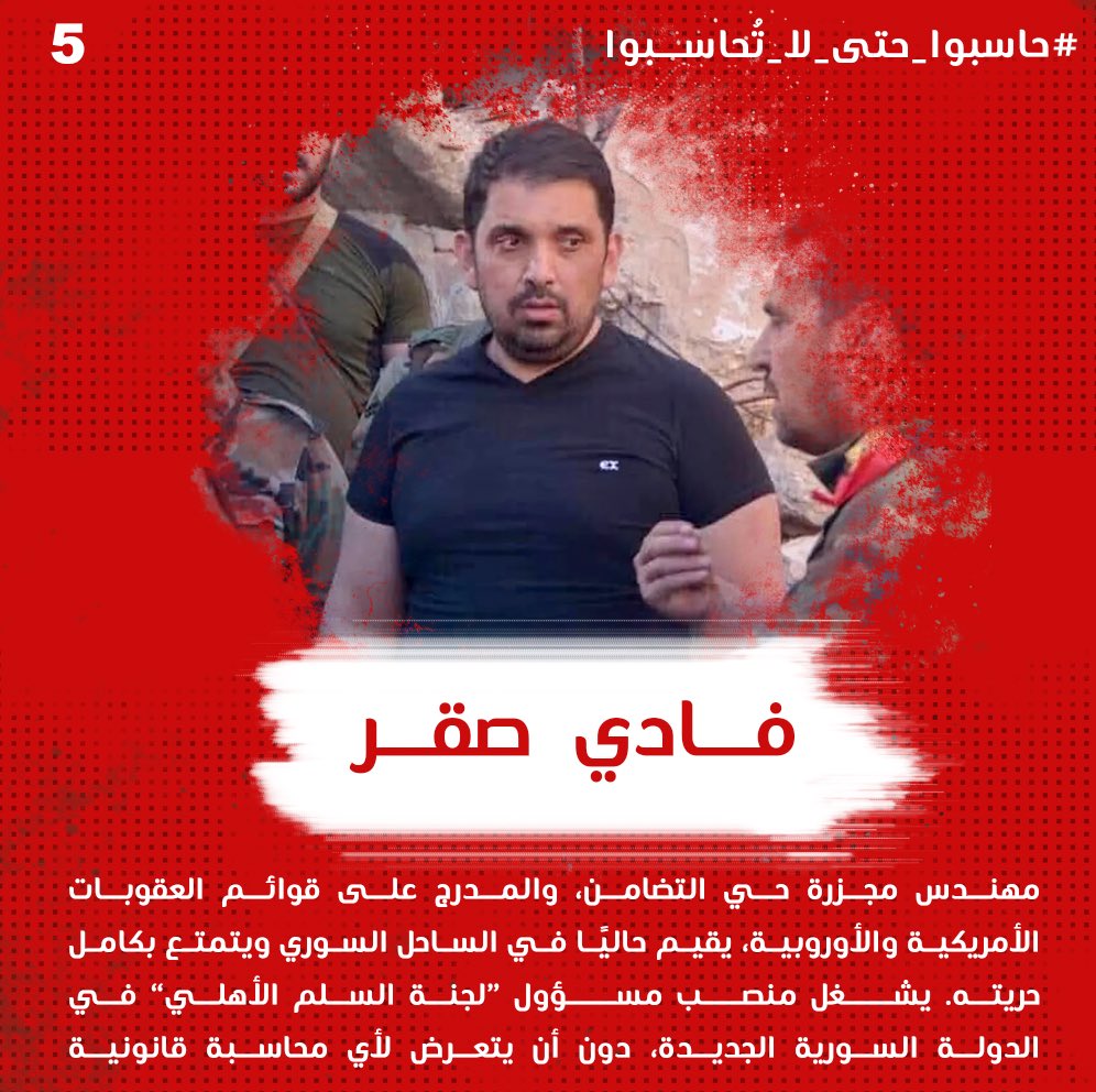 Milad_Alshehabi's tweet photo. #حاسبوا_حتى_لا_تُحاسبوا 
4- فادي صقر، مهندس مجزرة حي التضامن،والمدرج على قوائم العقوبات الأمريكية والأوروبية،يقيم حاليًا في الساحل السوري ويتمتع بكامل حريته. يشغل منصب مسؤول“لجنة السلم الأهلي”في الدولة السورية، دون أن يتعرض لأي محاسبة قانونية على الجرائم والانتهاكات التي ارتكبها. https://t.co/054GqhxeXj