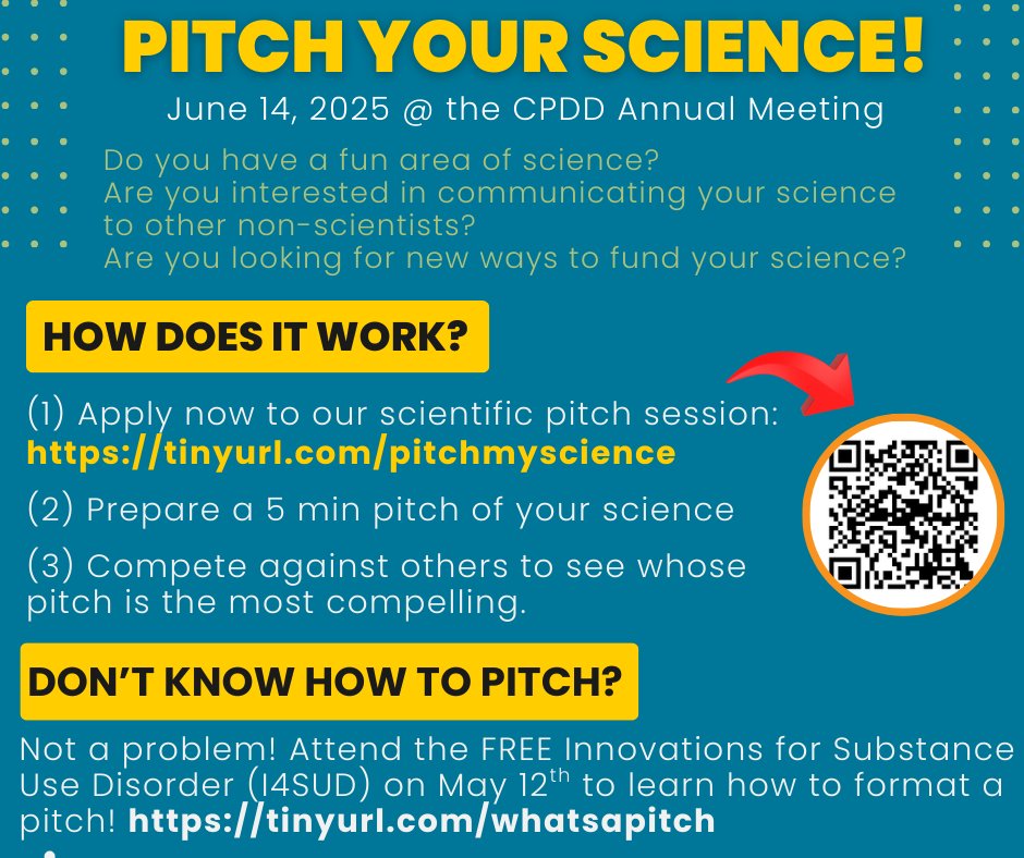 Kelly Dunn, PhD, MBA (@drkellydunn) on Twitter photo Are you attending @cpddorg's #CPDD25 in #NOLA? Then you are invited to attend and participate in our "What's Your Best Pitch" workshop!  Apply NOW to be one of 15 "pitchers" who have 5 minutes to convince the audience that their science is the best! Applications close May 16th! Are you attending @cpddorg's #CPDD25 in #NOLA? Then you are invited to attend and participate in our "What's Your Best Pitch" workshop!  Apply NOW to be one of 15 "pitchers" who have 5 minutes to convince the audience that their science is the best! Applications close May 16th!