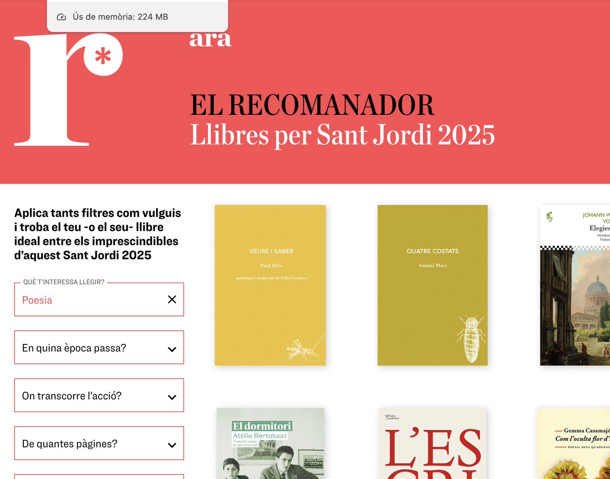 LaBreu Edicions (@labreuedicions) on Twitter photo L' <a href="/ARAllegim/">Ara Llegim</a> us ofereix un recomanador en el qual hi ha tres llibres de poesia de LaBreu #Alabatre
QUATRE COSTATS d'Antoni Marí
VEURE I SABER de #PaulKleetria i traducció de #FeliuFormosa
LÍRICA DE CONSUM d'<a href="/escoffet/">eduard escoffet</a>
interactius.ara.cat/santjordi L' <a href="/ARAllegim/">Ara Llegim</a> us ofereix un recomanador en el qual hi ha tres llibres de poesia de LaBreu #Alabatre
QUATRE COSTATS d'Antoni Marí
VEURE I SABER de #PaulKleetria i traducció de #FeliuFormosa
LÍRICA DE CONSUM d'<a href="/escoffet/">eduard escoffet</a>
interactius.ara.cat/santjordi