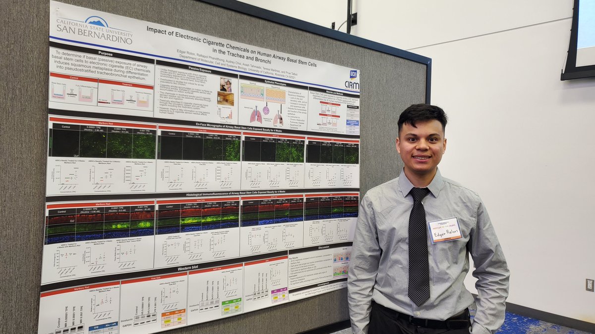 Talbot Research Group (@talbot_lab_ucr) on Twitter photo Congratulations to Edgar Rolon! Edgar won the Best Poster Award at the Meeting of the Minds Symposium for his poster, “Impact of Electronic Cigarette Chemicals on Human Airway Basal Stem Cells in the Trachea and Bronchi”. Wonderful job Edgar!
<a href="/UCRStemCell/">UCR Stem Cell Center & Core</a> <a href="/UCRiverside/">UC Riverside</a> <a href="/CSUSBNews/">CSUSB</a> Congratulations to Edgar Rolon! Edgar won the Best Poster Award at the Meeting of the Minds Symposium for his poster, “Impact of Electronic Cigarette Chemicals on Human Airway Basal Stem Cells in the Trachea and Bronchi”. Wonderful job Edgar!
<a href="/UCRStemCell/">UCR Stem Cell Center & Core</a> <a href="/UCRiverside/">UC Riverside</a> <a href="/CSUSBNews/">CSUSB</a>