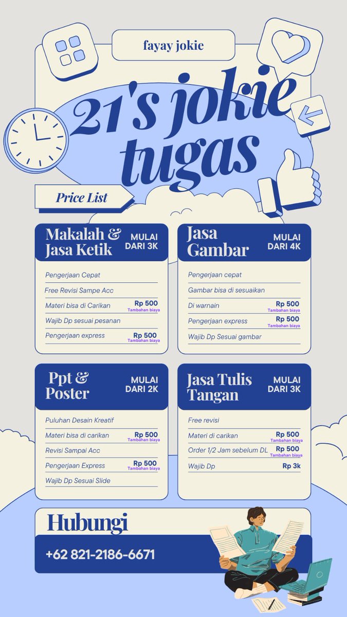 guyss yg mau joki tugas kuliah, sekolah dll mumer sniii chat no di bawah yaa! 

#jokitugasmurah #tugaskuliah #tugassekolah