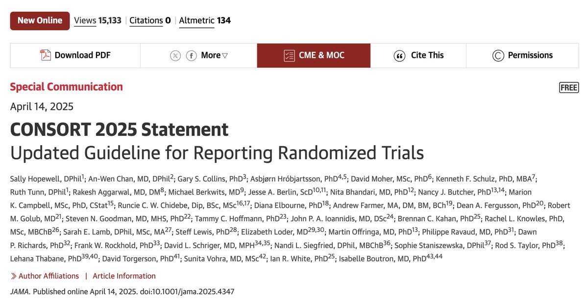 Yüksel Ürün (@dryukselurun) on Twitter photo Because good science deserves great reporting.
CONSORT 2025 is here: new checklist items
✅Focus on open science & data sharing
✅Stronger on patient involvement
✅Clearer, simpler, more aligned
<a href="/JAMA_current/">JAMA</a> <a href="/ASCO/">ASCO</a> <a href="/myESMO/">ESMO - Eur. Oncology</a> <a href="/EORTC/">EORTC</a> <a href="/Uroweb/">European Association of Urology (EAU)</a> <a href="/OncoAlert/">OncoAlert</a> <a href="/Larvol/">LARVOL</a> Because good science deserves great reporting.
CONSORT 2025 is here: new checklist items
✅Focus on open science & data sharing
✅Stronger on patient involvement
✅Clearer, simpler, more aligned
<a href="/JAMA_current/">JAMA</a> <a href="/ASCO/">ASCO</a> <a href="/myESMO/">ESMO - Eur. Oncology</a> <a href="/EORTC/">EORTC</a> <a href="/Uroweb/">European Association of Urology (EAU)</a> <a href="/OncoAlert/">OncoAlert</a> <a href="/Larvol/">LARVOL</a>