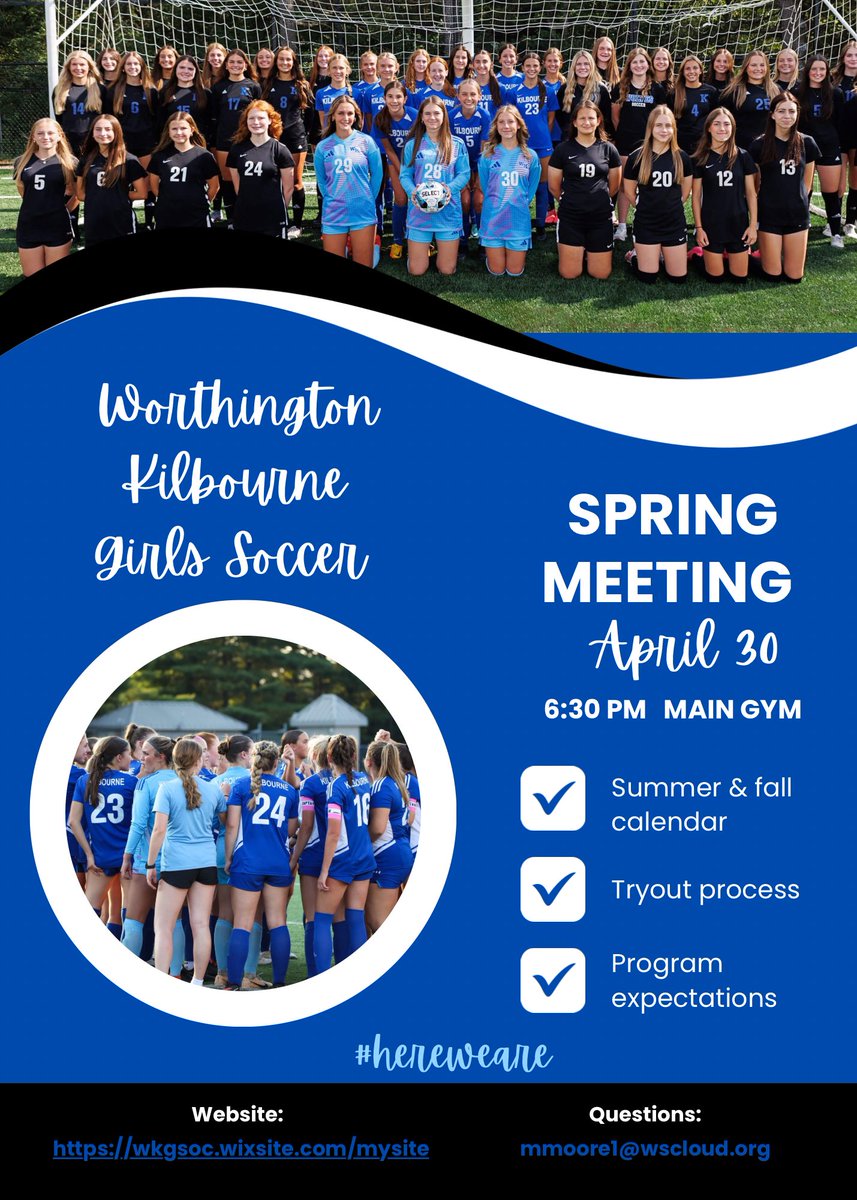 REMINDER!!! Date and time change for our spring meeting!! Make sure to join us for our summer packet, explanation of team expectations, spring training opportunities, and tryout info! #wkgsoc25 #hereweare