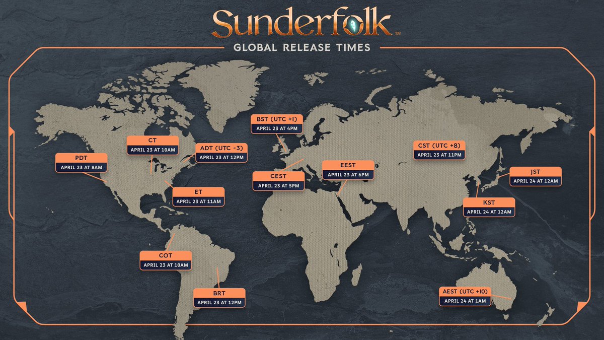 An illustrated image of a world map, marked with corresponding timezones to Sunderfolk's official launch time of April 23 at 8AM Pacific Daylight Time. 