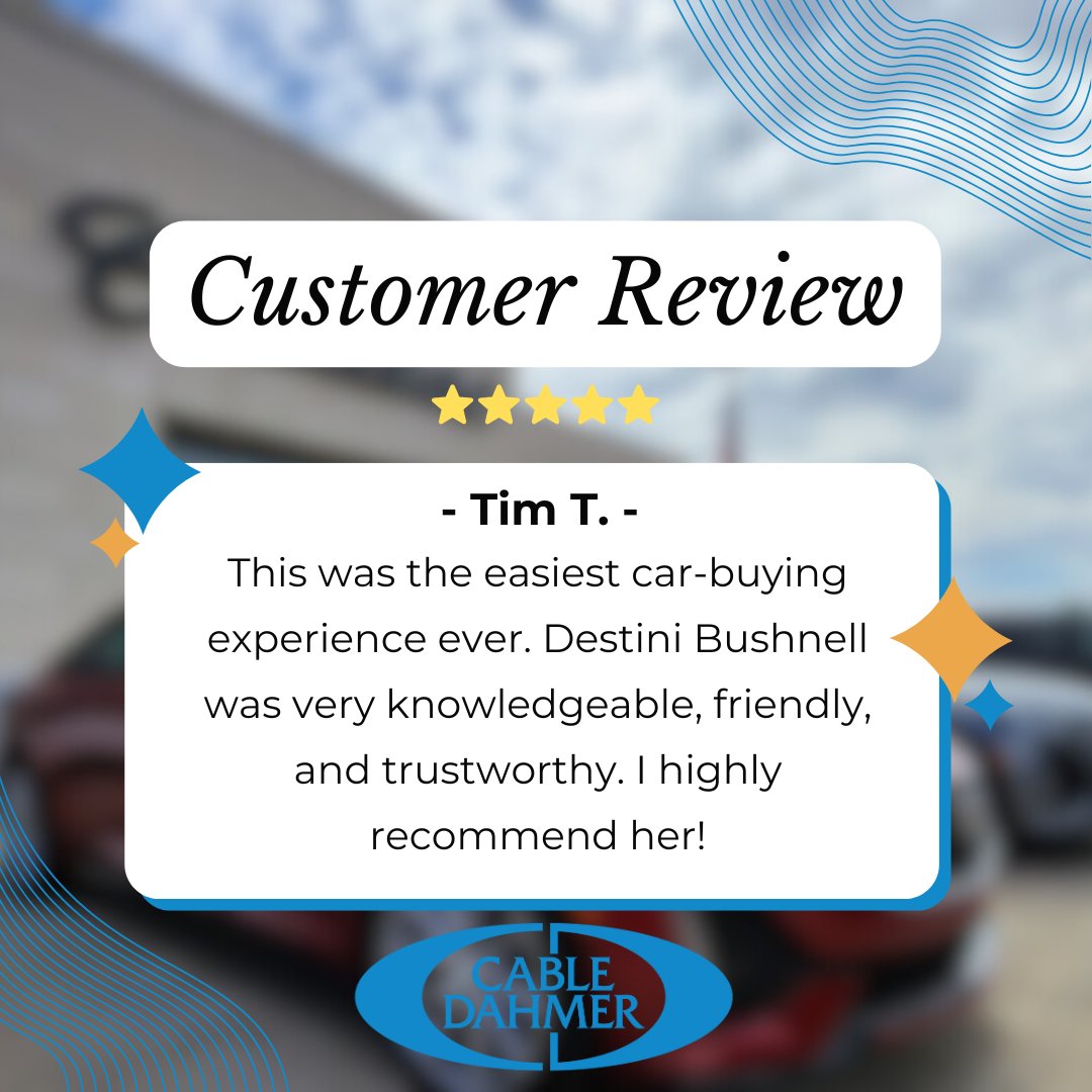 CDCadillacKC's tweet photo. Thank you, Tim, for sharing your experience! We’re thrilled that Destini Bushnell made your car-buying journey the easiest ever. 🚗✨ We truly appreciate your support. Enjoy your new ride, Tim—welcome to the Cable Dahmer family! 💙🎉
#CableDahmer #Cadillac #KansasCity https://t.co/mhRvuRnEz1