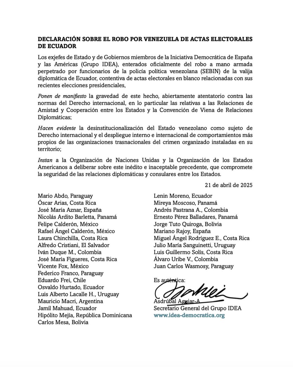 📢 Grupo IDEA condena el robo de la valija diplomática de Ecuador por parte del SEBIN venezolano, con actas electorales en blanco.

Este grave hecho viola el Derecho internacional y pone en riesgo la seguridad diplomática entre Estados.