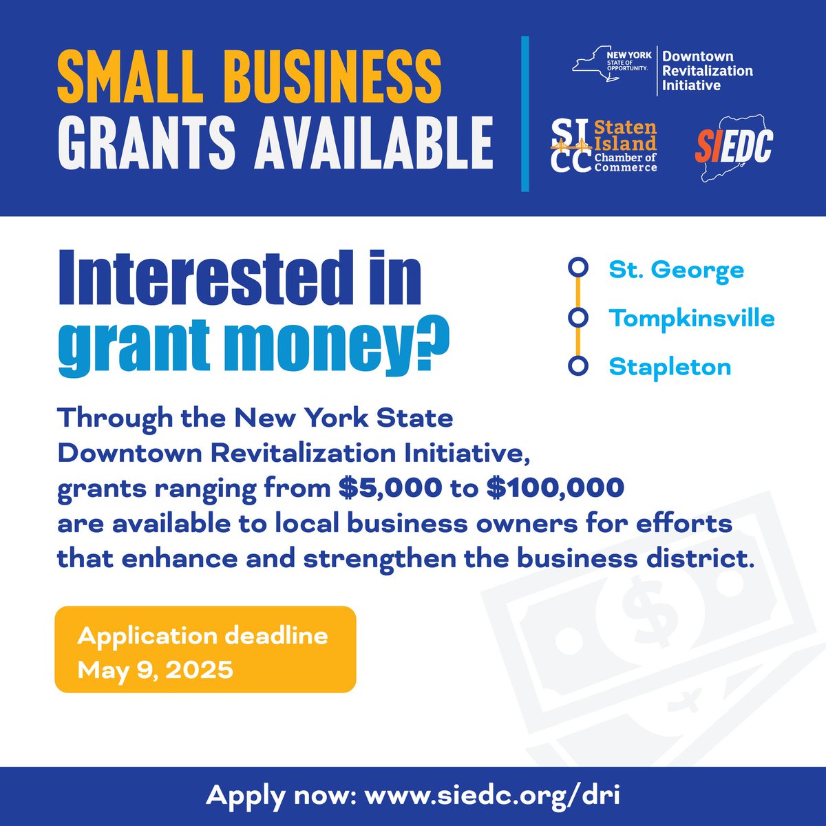 There's less than three weeks left to apply for the Small Business Grant Fund! 🚨

SIEDC and the Staten Island Chamber of Commerce are offering grants of up to $100,000 for eligible businesses in St. George, Tompkinsville, and Stapleton.

➡️ Apply at siedc.org/dri.
