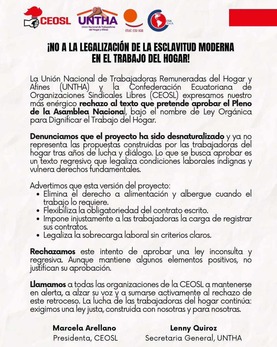 🚨Rechazamos el retroceso en los derechos de las trabajadoras del hogar.
La Asamblea pretende aprobar una ley regresiva, construida a espaldas de las trabajadoras de hogar.
¡Organizaciones de la CEOSL, manténganse alertas y movilizadas!
#TrabajoDignoYa #UNTHA #CEOSL