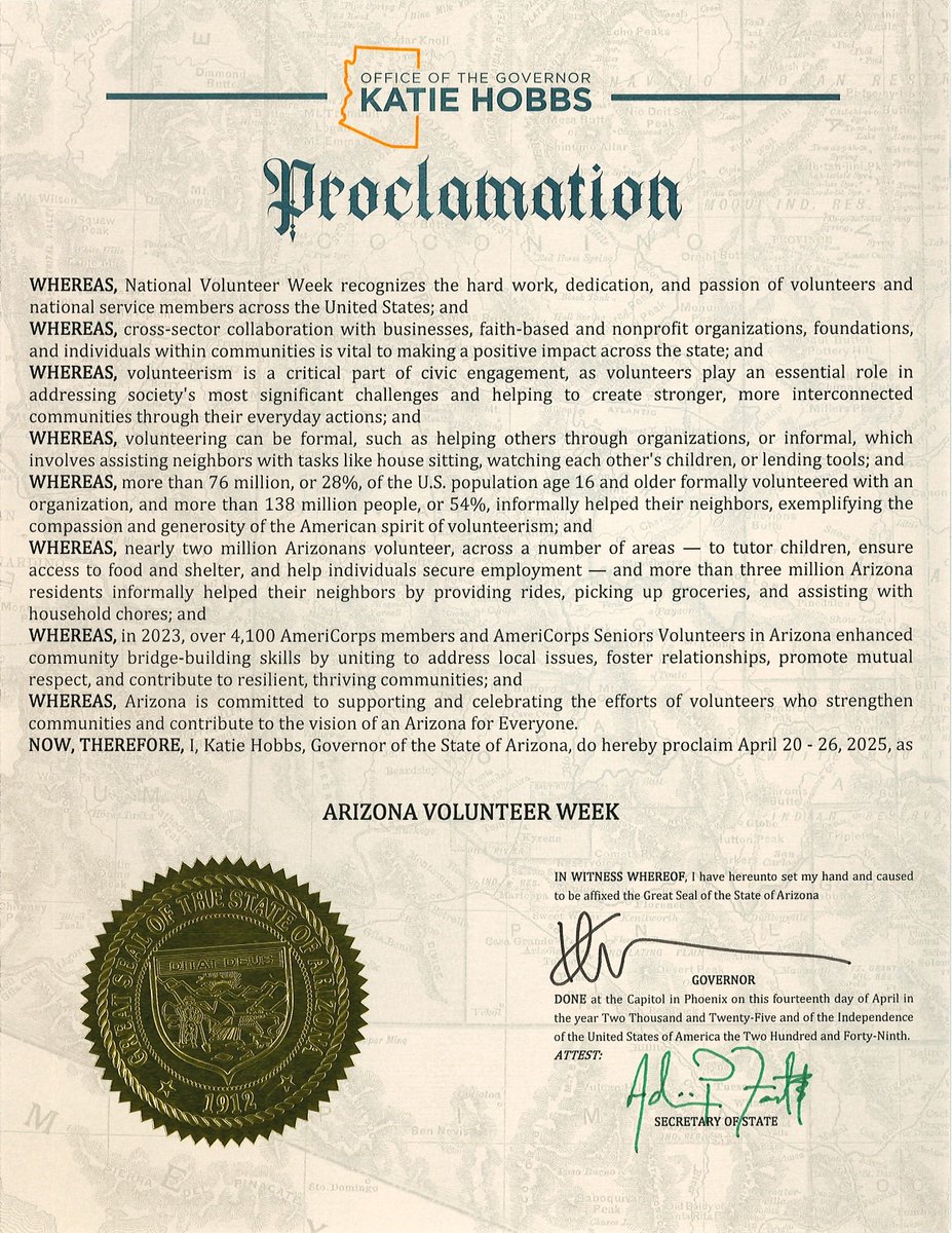 Arizona Governor's Office of Youth, Faith & Family (@azgoyff) on Twitter photo Volunteers power real change, giving their time, heart, & skills to uplift others & build stronger communities. TY <a href="/GovernorHobbs/">Governor Katie Hobbs</a>, for proclaiming April 20–26 as #VolunteerWeek! From compassion to courage, #AZ volunteers bring the #ArizonaPromise to life. #GlobalVolunteerMonth Volunteers power real change, giving their time, heart, & skills to uplift others & build stronger communities. TY <a href="/GovernorHobbs/">Governor Katie Hobbs</a>, for proclaiming April 20–26 as #VolunteerWeek! From compassion to courage, #AZ volunteers bring the #ArizonaPromise to life. #GlobalVolunteerMonth