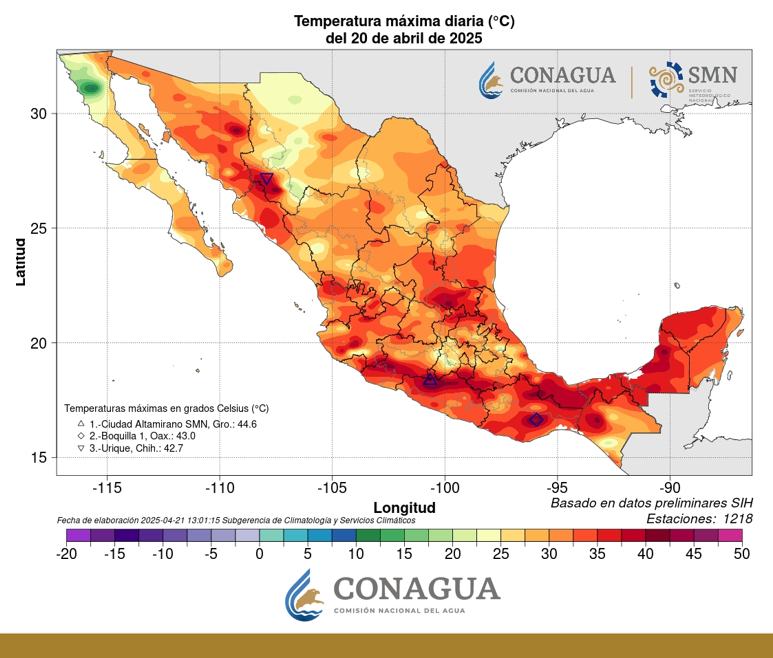 conagua_clima's tweet photo. La #Temperatura más alta en #México del día de ayer fue de 44.6 grados #Celsius en Ciudad Altamirano, #Guerrero. Si requieres descargar éste y otros mapas diarios de temperatura visita https://t.co/w7KUYjKyok https://t.co/tBzHRqXxPC