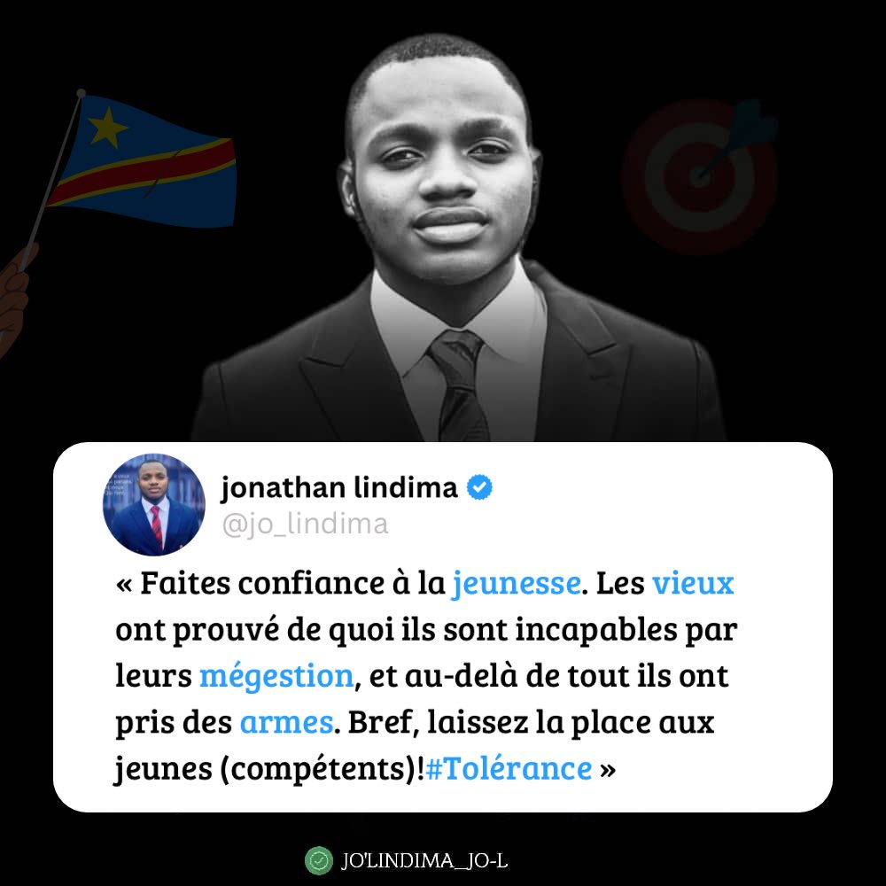 jo_lindima's tweet image. « Faites confiance à la jeunesse. Les vieux ont prouvé de quoi ils sont #incapables par leurs #mégestion, et au-delà de tout ils ont pris des #armes. Bref, laissez la place aux jeunes (compétents)!#Tolérance »