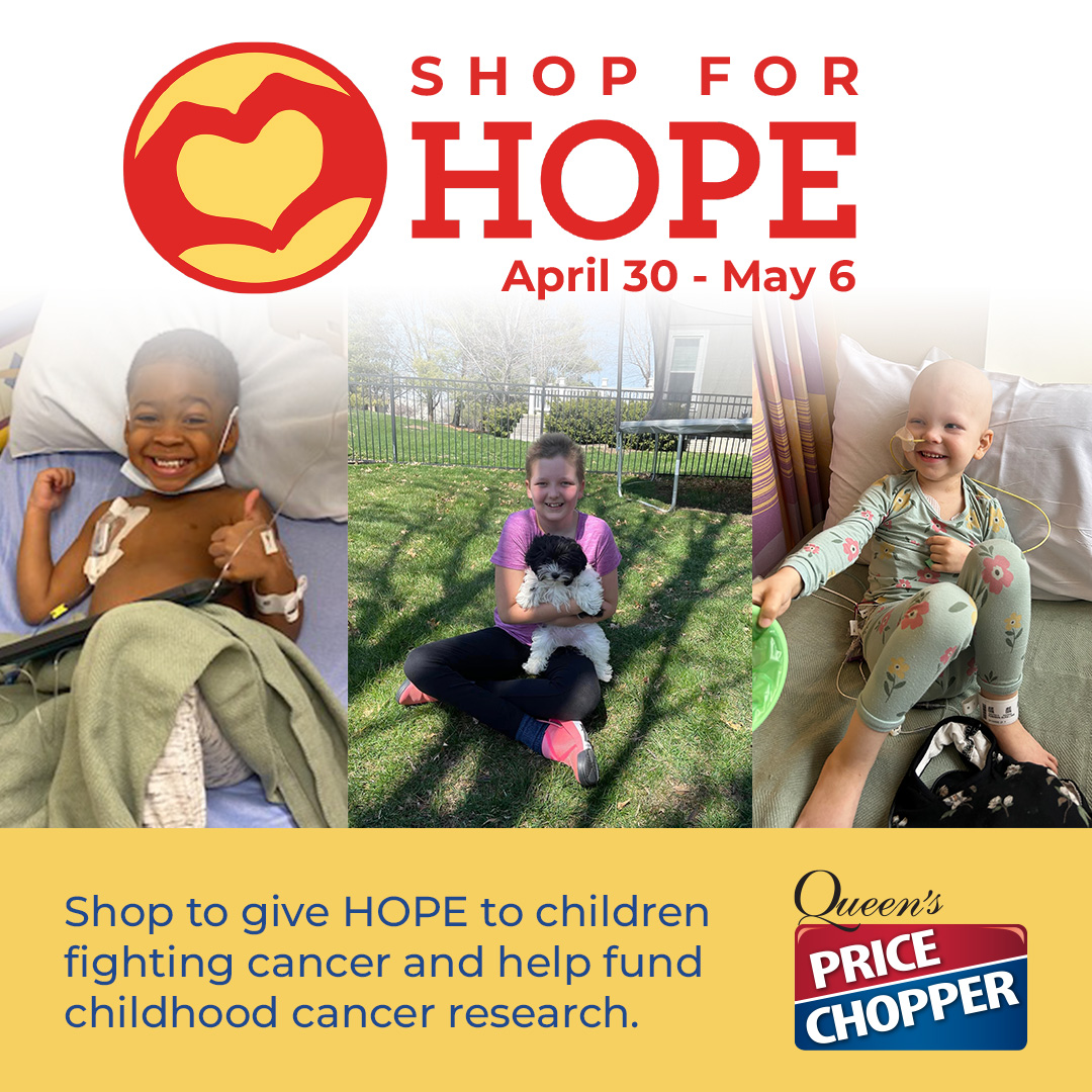 Shop for Hope is ONE WEEK AWAY! 🛒

From April 30–May 6, shop at Queen’s Price Chopper to support #childhoodcancer research.

Plus, don’t miss Braden’s Blitz on May 2 at 4 PM to meet our Hope Heroes and give extra hope, with 25% of produce sales going back to Braden’s Hope! 🫶🏼