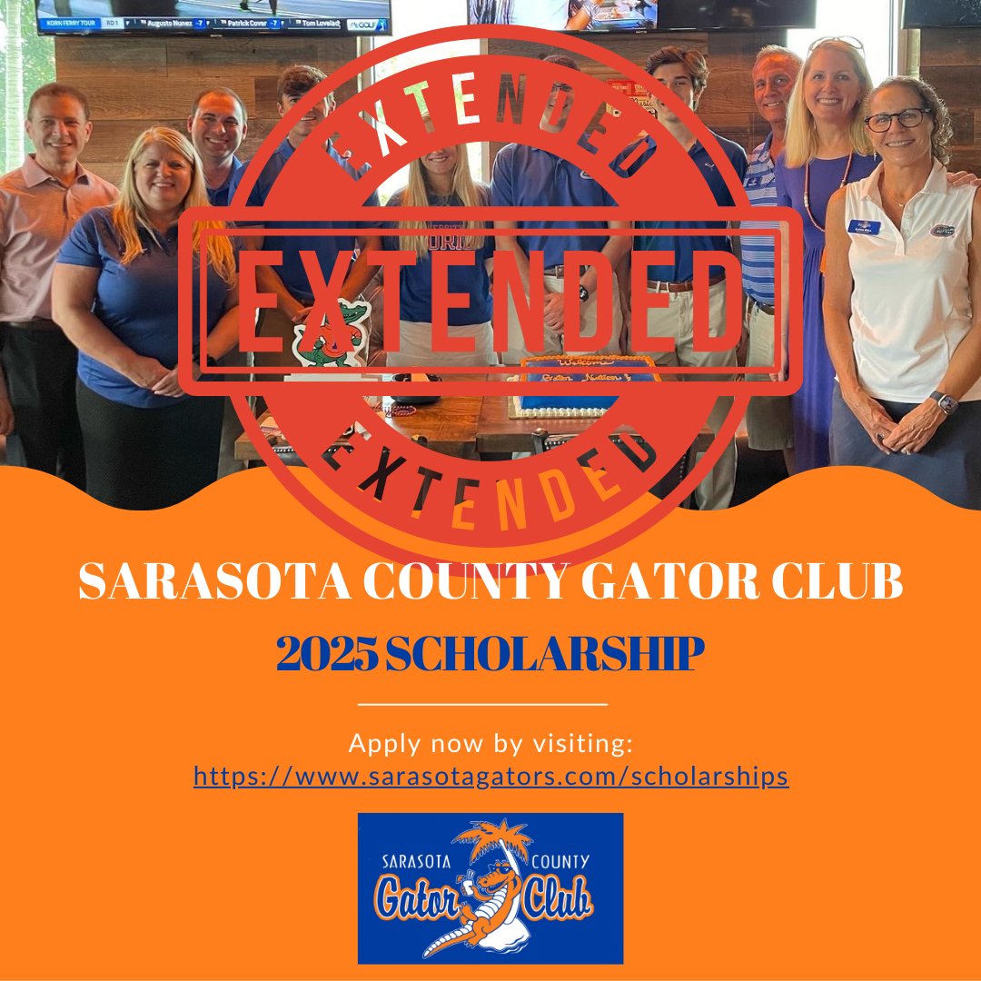 SRQGatorClub's tweet image. 📢DEADLINE EXTENDED📢
Get your application turned in before the extended deadline, April 25th by 5:00 p.m. Applicants must be a current @UF student or entering in the 2025 school year AND graduated from a Sarasota County high school.
To apply, visit: sarasotagators.com/scholarships