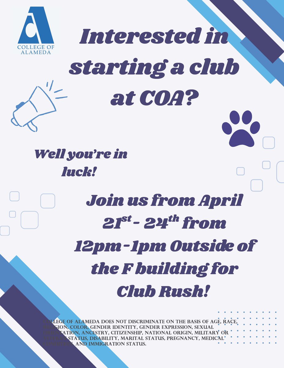 Interested in starting a Club at CoA? Now is your chance to get all of your questions answered by your ASCOA leadership, pick up a How-To Guide, and a Club Charter Packet! Look for us in the Quad this week, Monday - Thursday from 12 - 1 p.m.