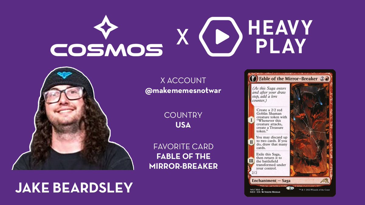Team Cosmos Heavy Play (@cosmosmtg) on Twitter photo We've been quiet but as the next Pro Tour season approaches, we are back!
We have some exciting additions to the team! First up, we have Jake Beardsley. He won his first Pro Tour (PT The Lord of the Rings in Barcelona) - what will we see next?
<a href="/makememesnotwar/">Jake Beardsley</a>
<a href="/HeavyPlayLLC/">HEAVY PLAY</a> We've been quiet but as the next Pro Tour season approaches, we are back!
We have some exciting additions to the team! First up, we have Jake Beardsley. He won his first Pro Tour (PT The Lord of the Rings in Barcelona) - what will we see next?
<a href="/makememesnotwar/">Jake Beardsley</a>
<a href="/HeavyPlayLLC/">HEAVY PLAY</a>