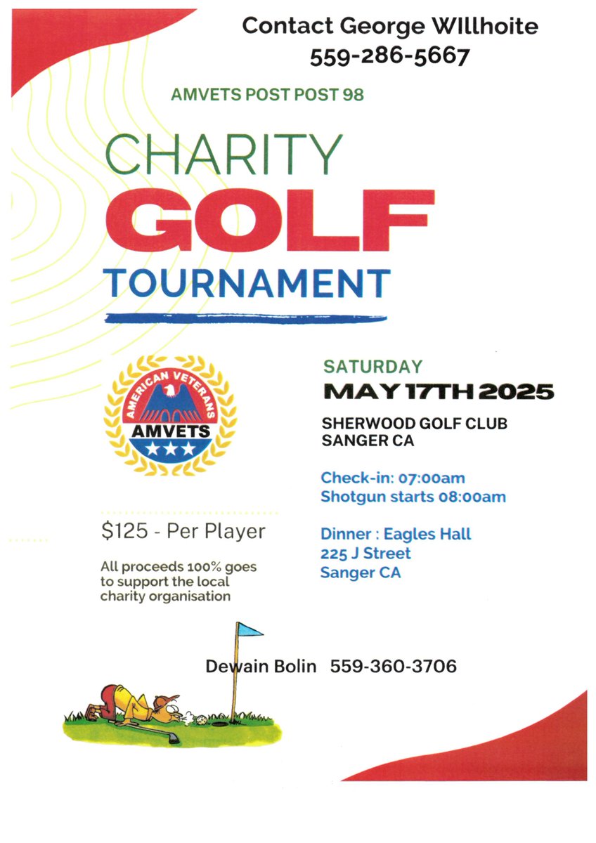 AMVETS_CA's tweet image. 🎟️ Charity Golf Tournament – May 17th, 2025 📍 Sherwood Golf Club, Sanger, CA 🚨 100% of proceeds support LOCAL charities — every swing counts! Join us! 💚 #SangerCA #GolfForACause #CommunityStrong #SherwoodGolfClub #SupportLocal #FundraiserEvent #TeeOffForChange