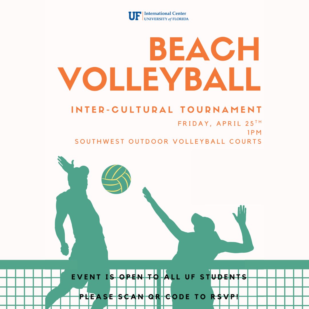 GlobalGators's tweet photo. Get ready to bump, set, and spike your way into new friendships! The UF International Center invites you to an exciting Beach Volleyball Inter-cultural Tournament. 🏐🌏

RSVP: https://t.co/bOy4dxRHBj

#UF #GlobalGators #InterculturalFun #BeachVolleyballUF https://t.co/ZEbfsf9w2B