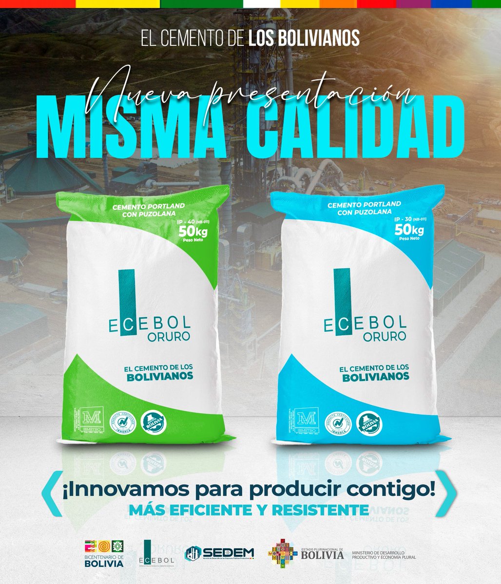 Sedem_Bolivia's tweet photo. 💪 ¡Nuevas bolsas, misma fuerza!

Presentamos nuestras nuevas bolsas de cemento: más resistentes, 100% bolivianas y listas para cada gran obra.

📦 Mismo rendimiento y con el orgullo de construir juntos un país más fuerte.

🟥 #ECEBOL
🟨 #HechoEnBolivia
🟩 #FuerzaQueConstruye https://t.co/cCMEF43jem