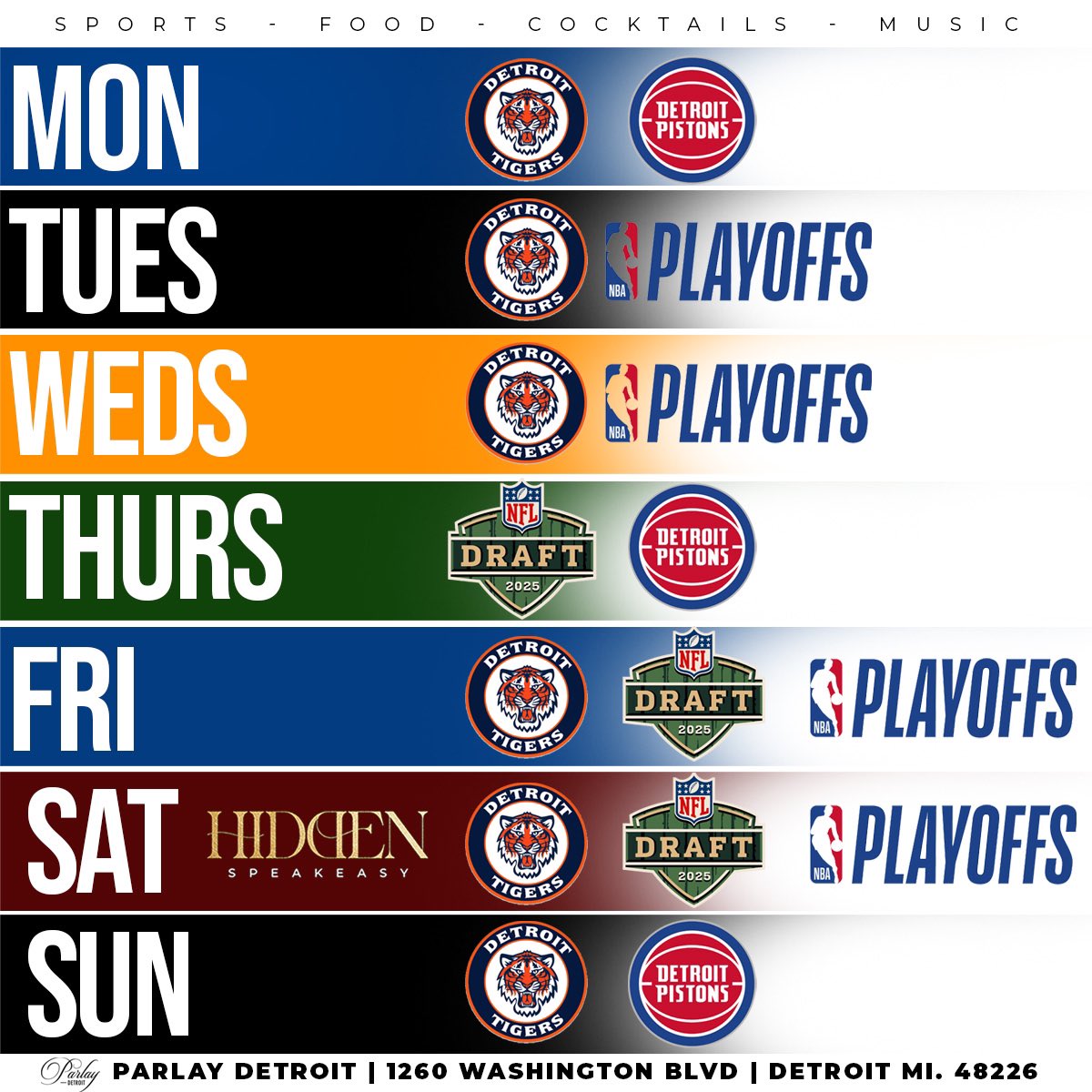 This Week at Parlay Detroit: Sports. Food. Vibes.

Catch all the action live on our screens:

• Tigers Baseball
• Pistons Playoff Run
• 2025 NFL Draft – 3 Day Event
• Eastern &amp; Western NBA Playoffs

Grab a seat, order up, and enjoy our full menu of food &amp; cocktails.