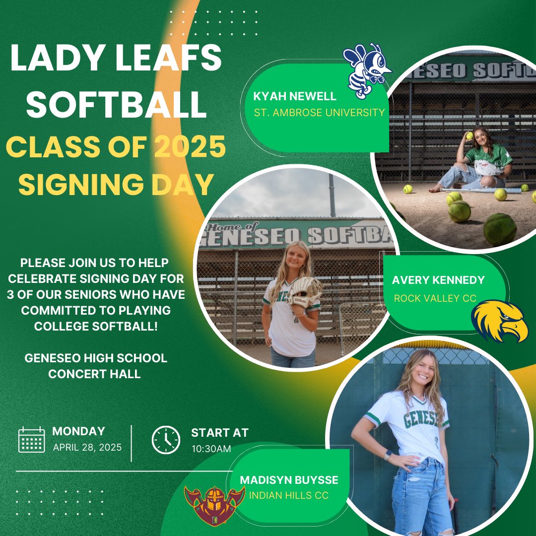 Stop by GHS on Monday, 4/28 @ 10:30am to help celebrate our 3 seniors who have committed to play softball in college!

#2 Madisyn Buysse - Indian Hills College 
#7 Avery Kennedy - Rock Valley College
#25 Kyah Newell - St. Ambrose University 

Hope to see you all there! 💚🥎🤍