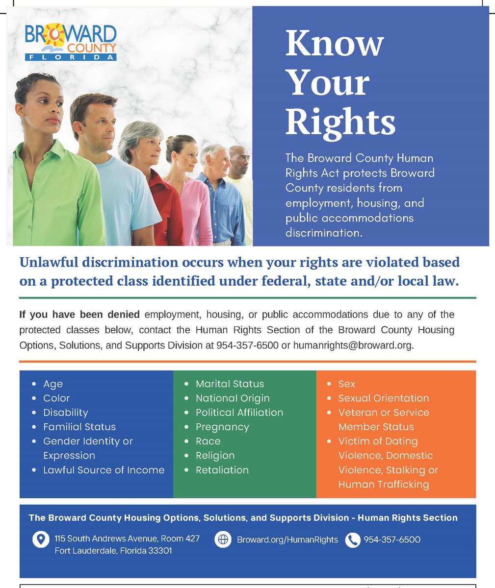 BCHumanServices's tweet photo. Your protection matters!

Under the Broward County Human Rights Act, you are protected from discrimination in employment, housing, and public accommodations.

If you’ve experienced discrimination, don’t stay silent.

We are here to help in Broward County! https://t.co/brQZX48qi7