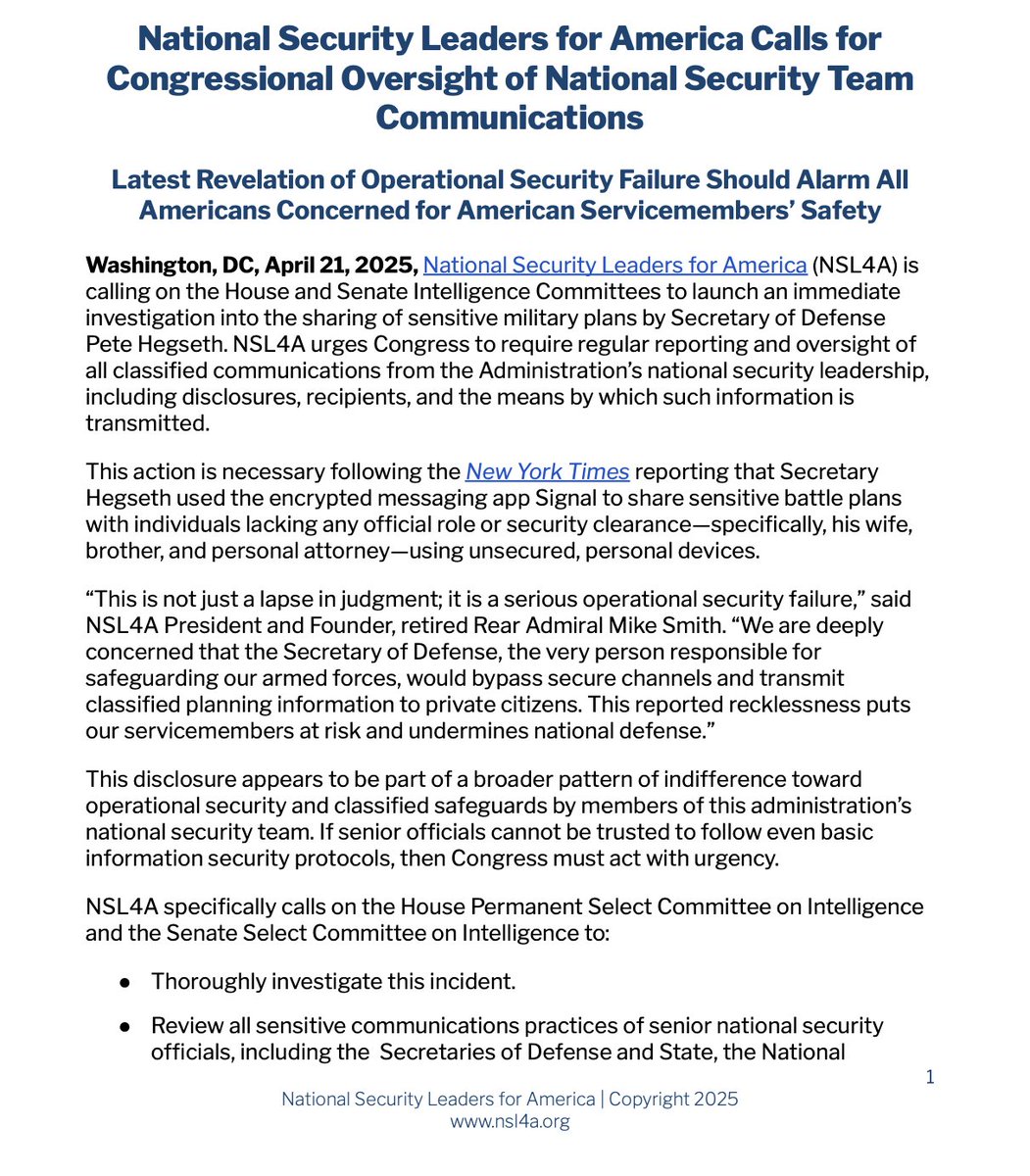 NSLforAmerica's tweet photo. National Security Leaders for America calls for bipartisan congressional oversight of national security team communications.

Read our full statement here: https://t.co/Uxk8U6SPjd https://t.co/ZXwekyfTH6