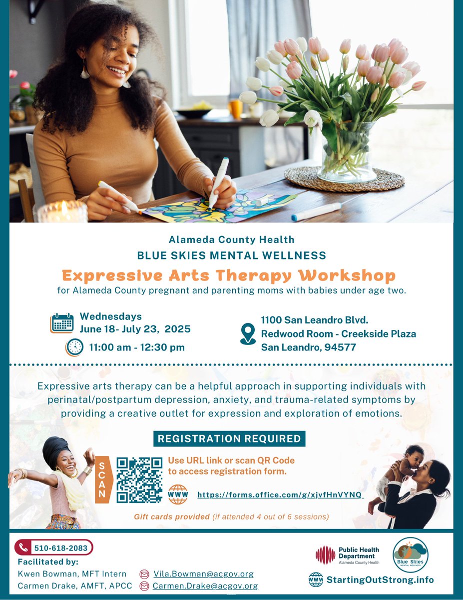 Dare2BWell's tweet photo. We are offering a free 6-week Expressive Arts Therapy group for Alameda County pregnant and parenting moms with babies under age two.
Register today: https://t.co/Ey25kCzbr2
#alamedacountypublichealthdepartment #acphd #blueskiesmentalwellness #mentalwellness https://t.co/HqBWH11Xr5