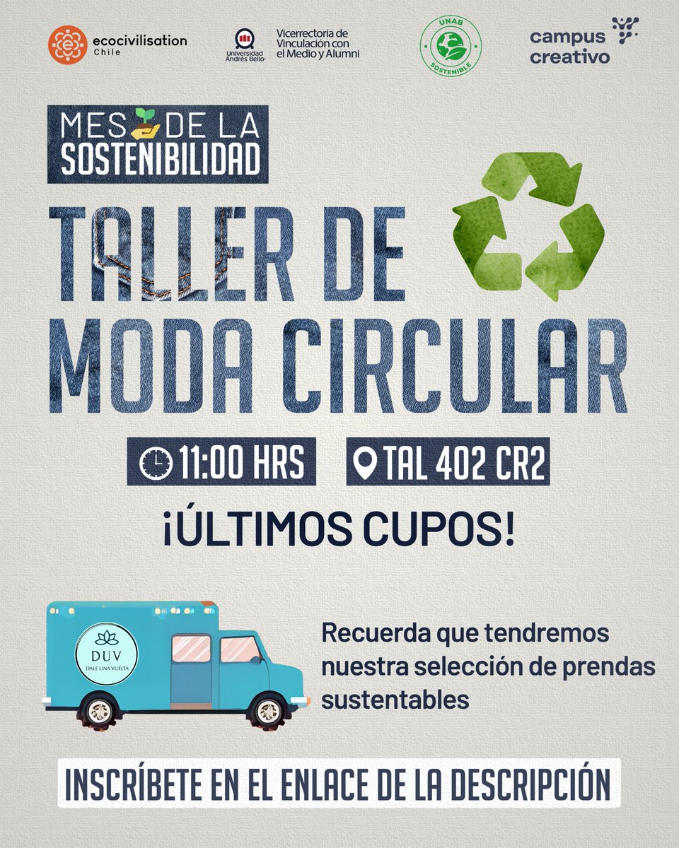 Sostenibilidad UNAB (@soste_unab) on Twitter photo ♻️ ¡Súmate al Mes de la Sostenibilidad UNAB y vive una experiencia única en el Campus Creativo!
Este martes 29 de abril, participa en la Jornada de Moda Circular, organizada por la Dirección de Sostenibilidad UNAB. 🌱👗
🔗 Inscríbete aquí bit.ly/42voir2 ♻️ ¡Súmate al Mes de la Sostenibilidad UNAB y vive una experiencia única en el Campus Creativo!
Este martes 29 de abril, participa en la Jornada de Moda Circular, organizada por la Dirección de Sostenibilidad UNAB. 🌱👗
🔗 Inscríbete aquí bit.ly/42voir2