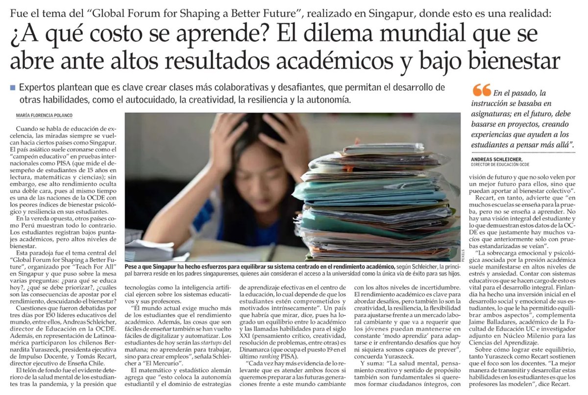 #Prensa - <a href="/__elmercurio/">El Mercurio</a> 
Nuestro Director Ejecutivo <a href="/tomasrecartb/">Tomás Recart Balze</a>, reflexiona sobre el equilibrio entre rendimiento y bienestar estudiantil en el "Global Forum for Shaping a Better Future" de <a href="/TeachForAll/">Teach For All</a>. Lee la nota completa aquí

#EducaciónConSentido #BienestarEstudiantil