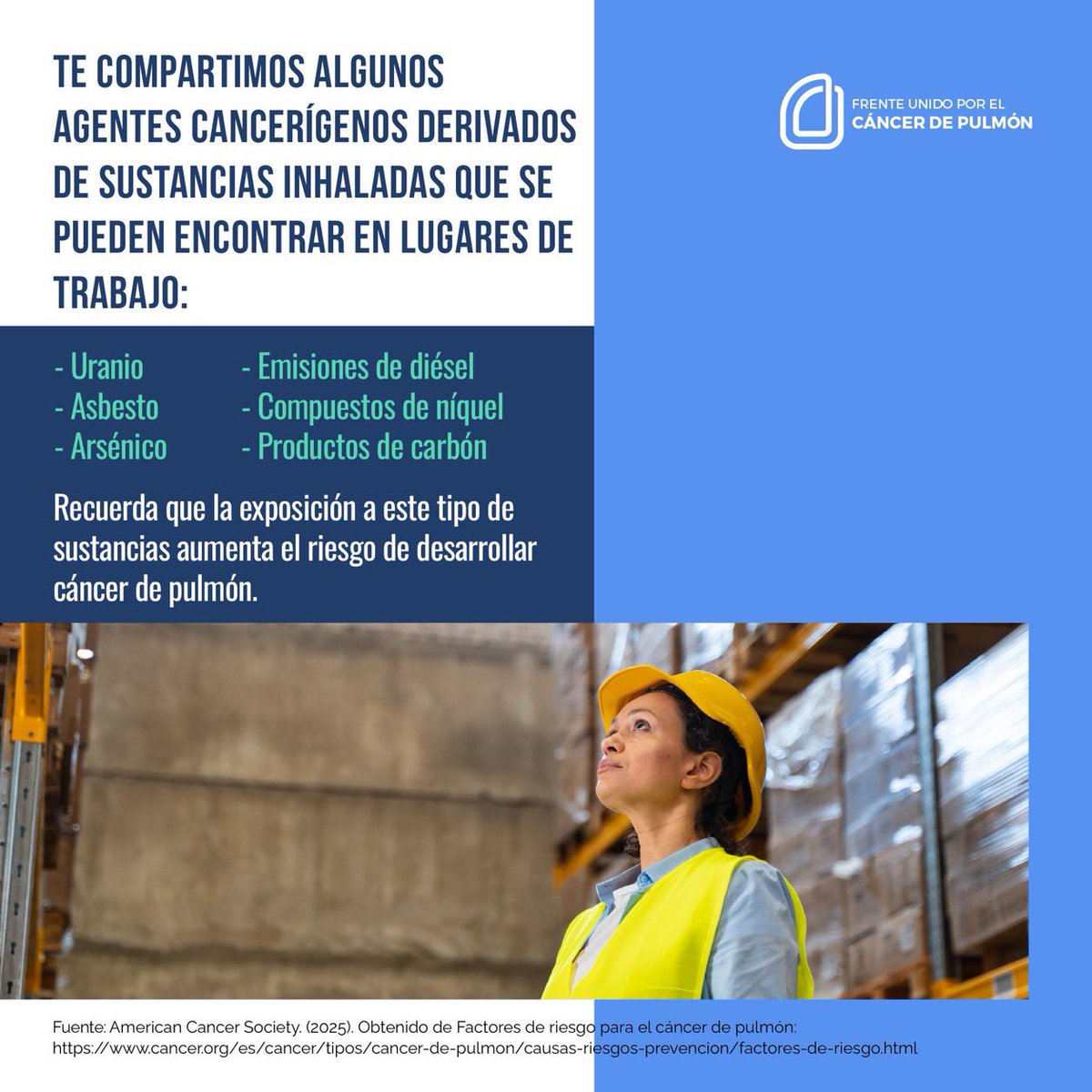 ¿Sabías que algunas sustancias a las que personas que trabajan en lugares como minas, fábricas textiles o refinerías, están expuestas, aumentan el riesgo de desarrollar #CáncerDePulmón?

Te compartimos los principales agentes cancerígenos derivados de estas sustancias: