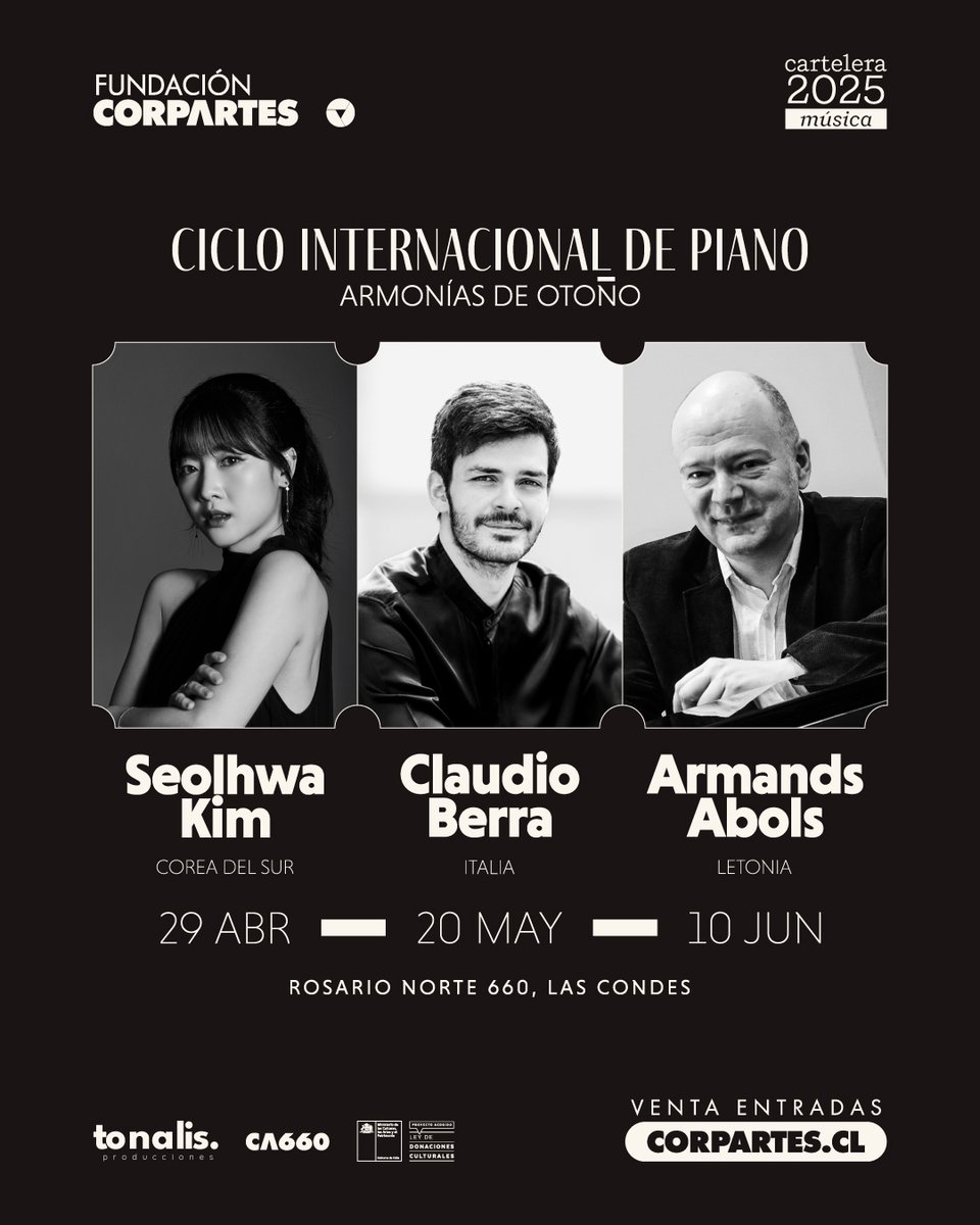 CICLO INTERNACIONAL DE PIANO ✈️🎹
Tres grandes pianistas llegan a Chile:

▪️Concierto Pianista Corea del Sur: ticketplus.cl/events/ciclo-i…
▪️Concierto Pianista Italia: ticketplus.cl/events/ciclo-i…
▪️Concierto Pianista Letonia: ticketplus.cl/events/ciclo-i…

#Concierto #Piano #Chile