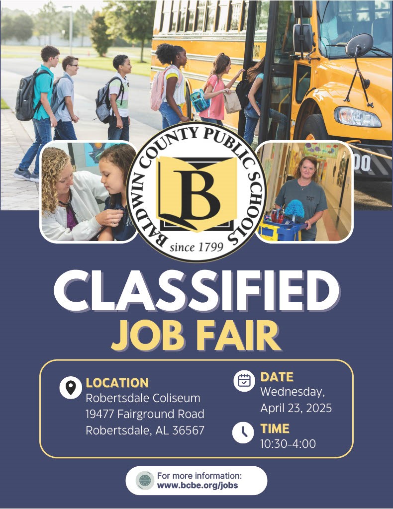 Attention Baldwin County educators and job seekers - Baldwin County Public Schools is hosting a Job Fair on Wednesday, April 23rd at the Robertsdale Coliseum.  Visit bcbe.org/jobs for more information.