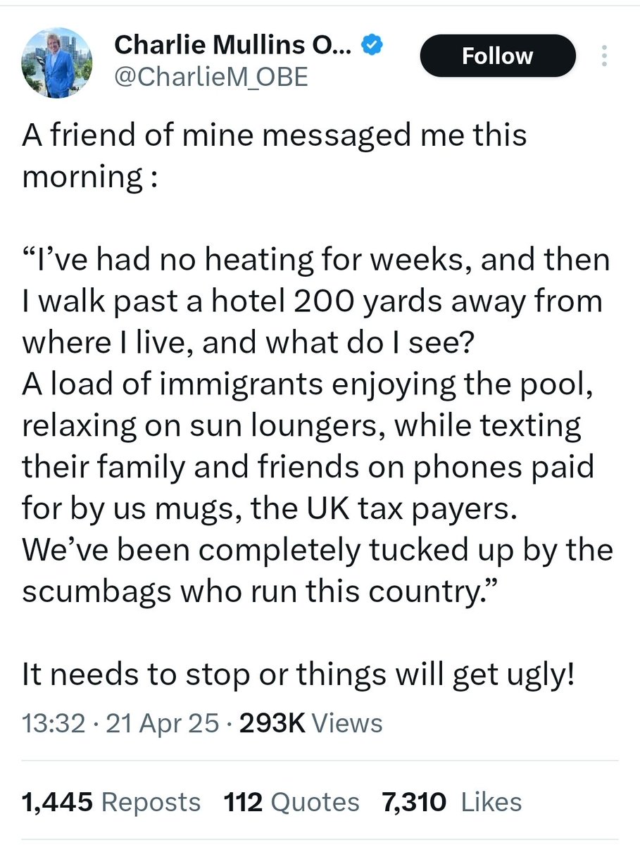 Charlie Mullins is a millionaire, and his mate had no heating for weeks.

If I was a millionaire &amp; my mate didn't have heating for weeks, I think i would've felt horrible and paid it for a whole year and made sure he was looked after. I wouldn't be online blaming asylum seekers.