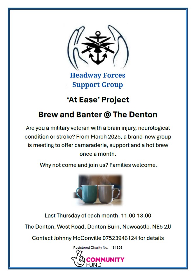 Who's coming along to the Denton to join the #AtEase group this Thursday 24th April, 11am -1pm? #Veterans #Militaryfamily #BrainInjuries #Strokesurvivors #HeadwayForcesSupportGroup See you there for a brew!