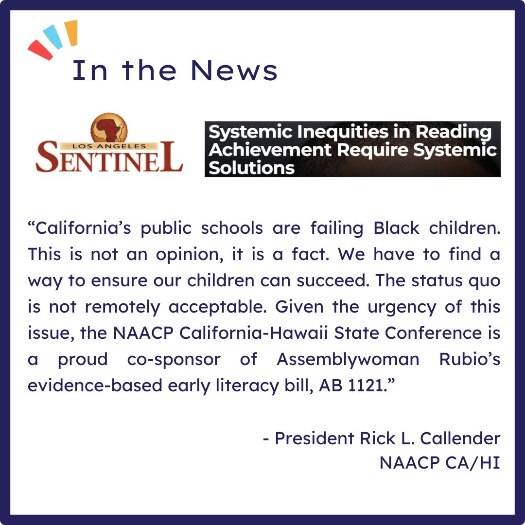 EdVoice (@edvoice) on Twitter photo 📣Say it loud for the people in the back: California's public schools are failing Black children.
Grateful for <a href="/naacpcahi/">NAACP CA/HI State Conference</a> leadership on the issue of evidence-based reading instruction.
Legislators must pass <a href="/Rubio4Assembly/">Blanca Rubio</a> bill #AB1121 NOW!
Read full <a href="/thelasentinel/">L.A. Sentinel News</a> article: 📣Say it loud for the people in the back: California's public schools are failing Black children.
Grateful for <a href="/naacpcahi/">NAACP CA/HI State Conference</a> leadership on the issue of evidence-based reading instruction.
Legislators must pass <a href="/Rubio4Assembly/">Blanca Rubio</a> bill #AB1121 NOW!
Read full <a href="/thelasentinel/">L.A. Sentinel News</a> article: