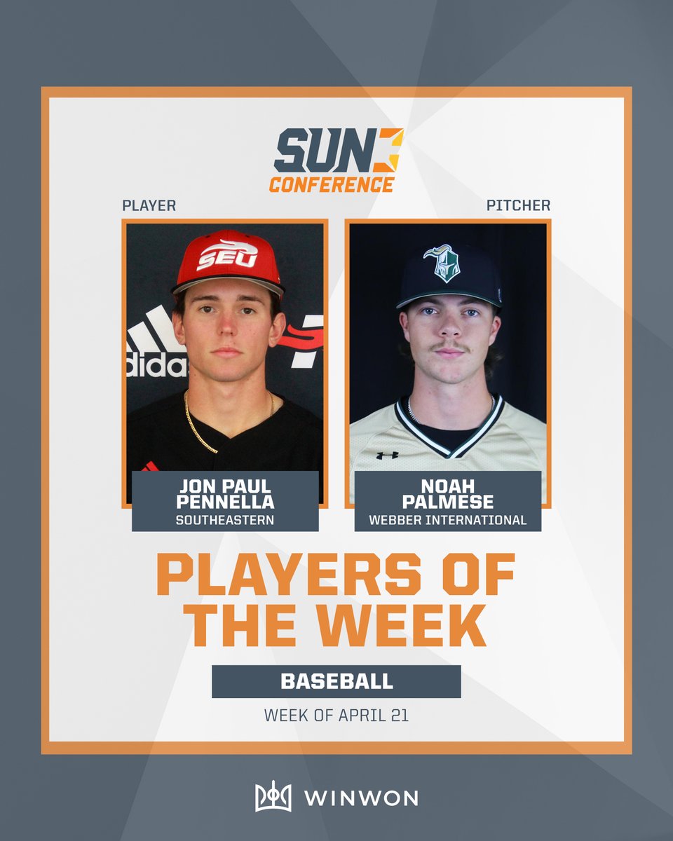 The Sun Conference (@sunconference) on Twitter photo Announcing this week's #SUNBSB Players of the Week, presented by <a href="/WinWonTech/">WinWon</a>!
Player - Jon Paul Pennella of No. 8 <a href="/SEUFireBaseball/">Southeastern Baseball</a>
Pitcher - Noah Palmese of No. 6 <a href="/webber_bsb/">Webber Baseball</a>
Read more here 🔗bit.ly/3YETkeO Announcing this week's #SUNBSB Players of the Week, presented by <a href="/WinWonTech/">WinWon</a>!
Player - Jon Paul Pennella of No. 8 <a href="/SEUFireBaseball/">Southeastern Baseball</a>
Pitcher - Noah Palmese of No. 6 <a href="/webber_bsb/">Webber Baseball</a>
Read more here 🔗bit.ly/3YETkeO