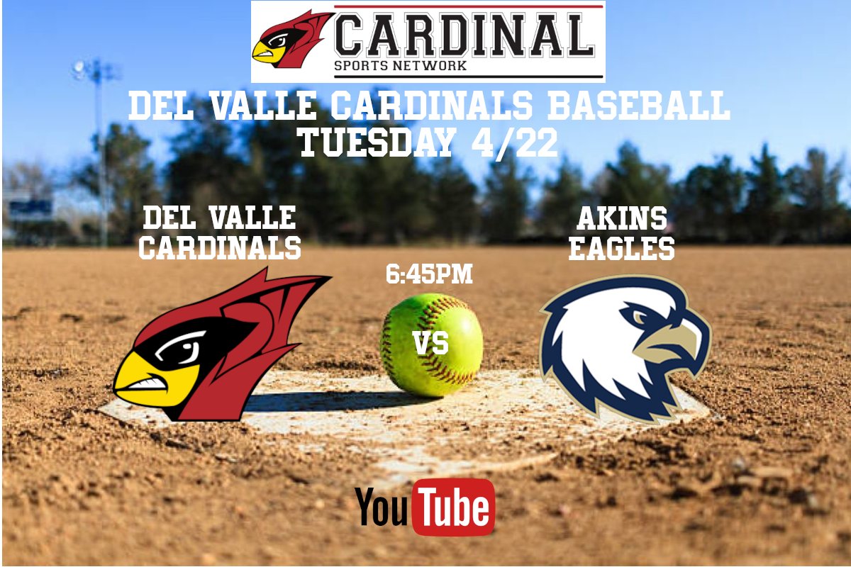 Cardinal Sports Network (@sports_cardinal) on Twitter photo ONE MORE GAME CARDINAL NATION!
Join us for the last game and last broadcast of the year as your Cardinals host the Akins Eagles on the DV Diamond! 645p with Chance and Jarrell on CSN.
youtube.com/live/VluFi8f-T…
#dvyouknow <a href="/DvCardsBaseball/">Del Valle Baseball</a> <a href="/DVISD_DVHS/">DelValleHS</a> <a href="/dvisd_athletics/">Del Valle ISD Athletics</a> ONE MORE GAME CARDINAL NATION!
Join us for the last game and last broadcast of the year as your Cardinals host the Akins Eagles on the DV Diamond! 645p with Chance and Jarrell on CSN.
youtube.com/live/VluFi8f-T…
#dvyouknow <a href="/DvCardsBaseball/">Del Valle Baseball</a> <a href="/DVISD_DVHS/">DelValleHS</a> <a href="/dvisd_athletics/">Del Valle ISD Athletics</a>