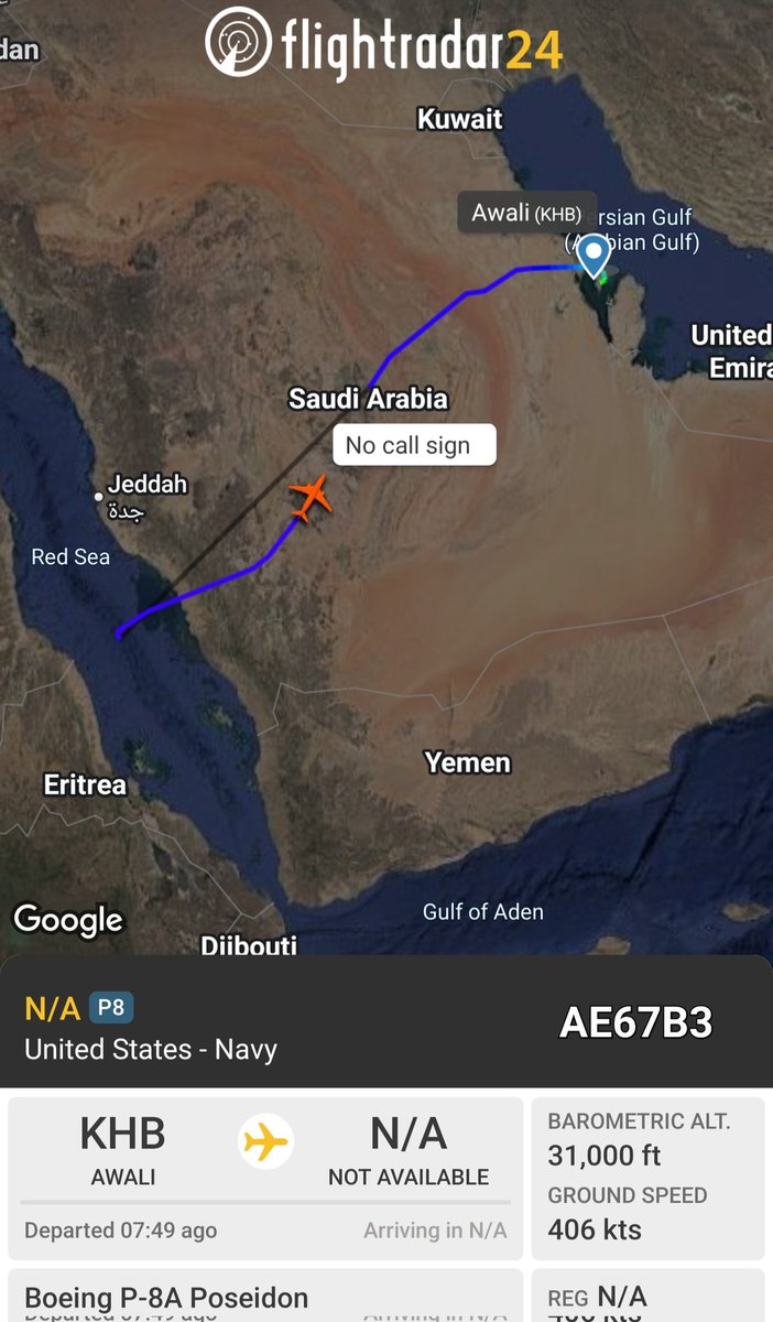 sipjack1776's tweet photo. P-8A ๐บ๐ฒ
#AE67B3
RTB Awali from the Red Sea
@Borrowed7Time @HusseinSalmanQ @N214WN @Dinlas3 https://t.co/n6KkyGr8g5