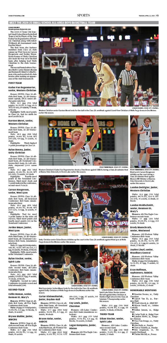 Here's the SCJ Small School All-Area team, captained by Western Christian's Kaden Van Regenmorter (<a href="/KBallr21/">kaden van regenmorter</a>).

Karsten Moret joins his Wolfpack teammate on the first team along with West Lyon's duo of Jorden Meyer and Carson Hoogeveen.

#iahsbkb