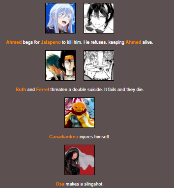 rottenfugue's tweet photo. @jalapeno_rapid is spared by @that_one_ahmed after begging to be killed, while @OhkuboSexual & @crackedouferret threaten a double suicide and also wind up dead! and @CanadianLosr also injures himself https://t.co/AQkEqCGzAe