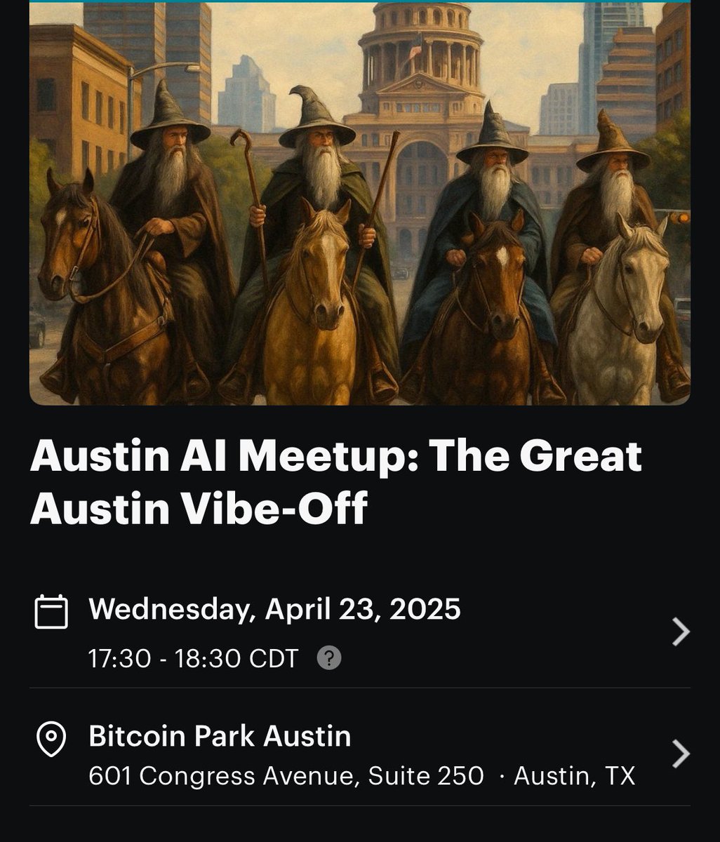 Anthony Ronning (@anthonyronning_) on Twitter photo We’re running it back with our Austin AI meetup on Wednesday! Going to do it weekly with <a href="/_JustinMoon_/">Justin Moon</a>
This week’s agenda is going through everyone’s vibe coding setup. If you got a nice flow or want to see how everyone best utilizes LLMs in our dev setup, this one’s for you! We’re running it back with our Austin AI meetup on Wednesday! Going to do it weekly with <a href="/_JustinMoon_/">Justin Moon</a>
This week’s agenda is going through everyone’s vibe coding setup. If you got a nice flow or want to see how everyone best utilizes LLMs in our dev setup, this one’s for you!