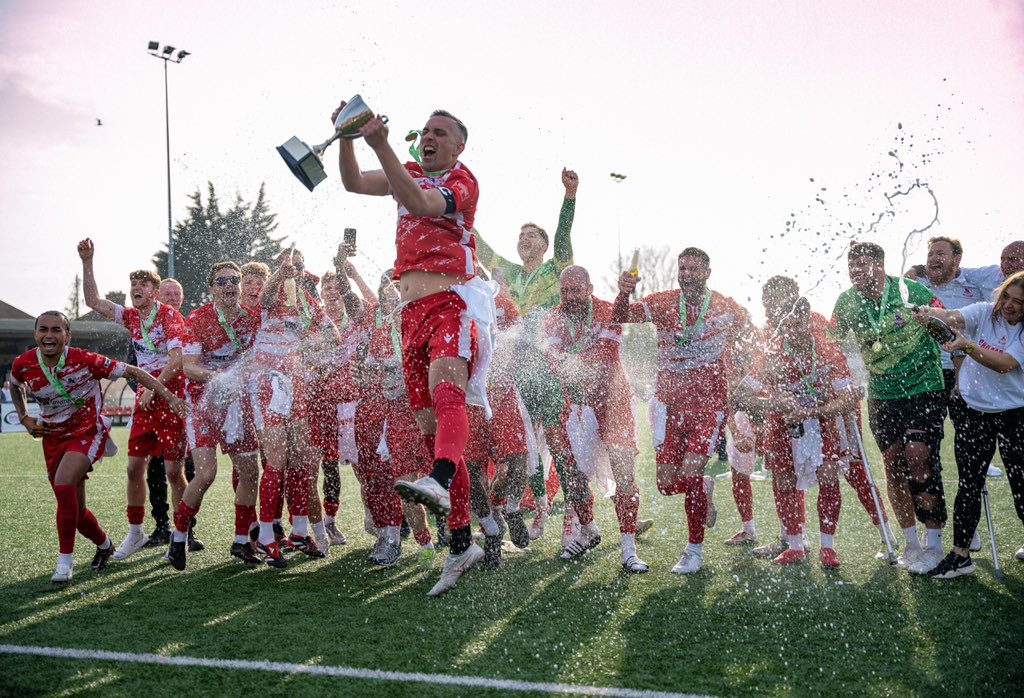 RamsgateFC's tweet photo. We are the champions! Thank you to every single one of you! Over 3000 Rams celebrating with us. The result doesn’t matter, we know Thanet is Red and has been for some time and our boys have made us all proud in what has been an epic season. Thank you from all the staff and players, Ramsgate are massive! 🔴⚪️🐏 #goingup #champions #wearepremierleague