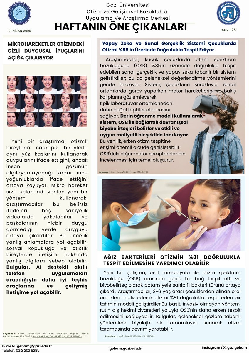 GAZİ GEBAM (@gazigebam) on Twitter photo 28. Hafta Bülteni Yayında!
Mikro hareketlerle duyguları okuyan sistemler, yapay zekâ destekli tanı yöntemleri ve ağız bakterilerinden otizm tespiti gibi dikkat çemkici konular bültende sizi bekliyor.
Bilimle kalın, keyifli okumalar! <a href="/Gazi_Universite/">Gazi Üniversitesi</a> #otizm 28. Hafta Bülteni Yayında!
Mikro hareketlerle duyguları okuyan sistemler, yapay zekâ destekli tanı yöntemleri ve ağız bakterilerinden otizm tespiti gibi dikkat çemkici konular bültende sizi bekliyor.
Bilimle kalın, keyifli okumalar! <a href="/Gazi_Universite/">Gazi Üniversitesi</a> #otizm