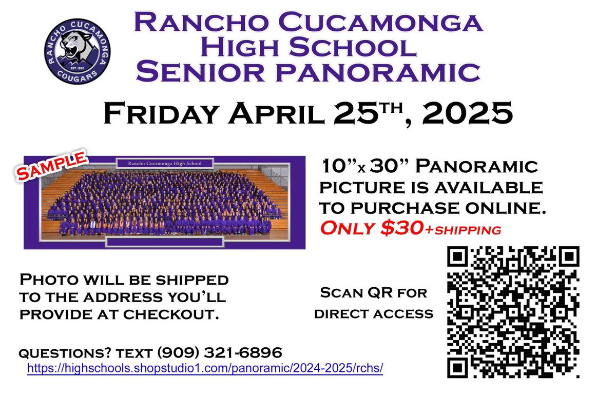 RCHS Seniors…
The panoramic photo is THIS Friday, 4/25.  Be in the gym by 8:00 am, in your purple gown.  To purchase the panoramic, use the following link:
highschools.shopstudio1.com/panoramic/2024…