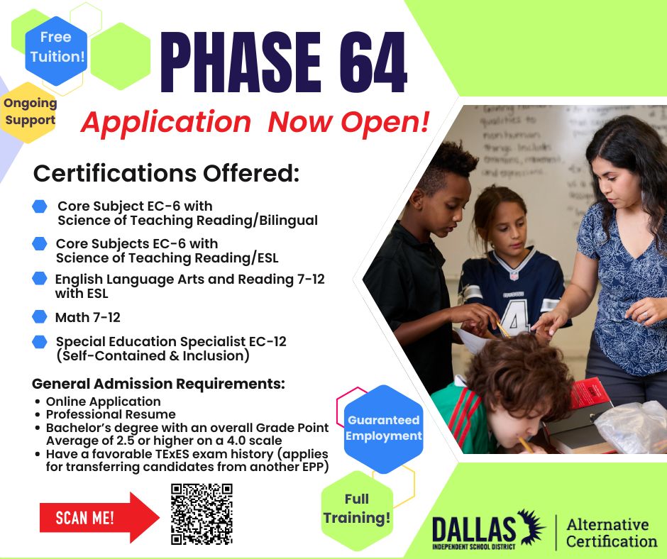 certifydisd's tweet image. The application for Phase 📷📷 of the Dallas ISD Alternative Certification Program is now open! We are excited to help you on your journey to becoming a certified teacher!
📷APPLY NOW!
#DallasISD
#certifiededucators