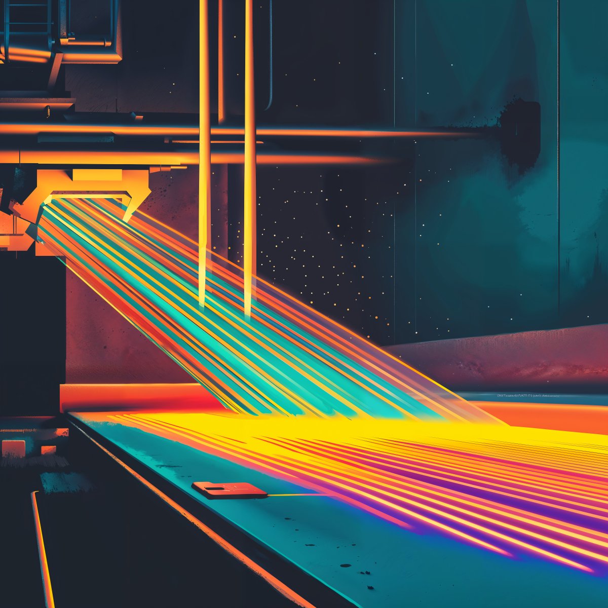 Mat 🏴☠️ (@matvogels) on Twitter photo Company: <a href="/LimelightSteel/">Limelight Steel</a>
Prompt: "Abstract, rainbow lasers being shot at a sheet of steel in a futuristic factory" Company: <a href="/LimelightSteel/">Limelight Steel</a>
Prompt: "Abstract, rainbow lasers being shot at a sheet of steel in a futuristic factory"