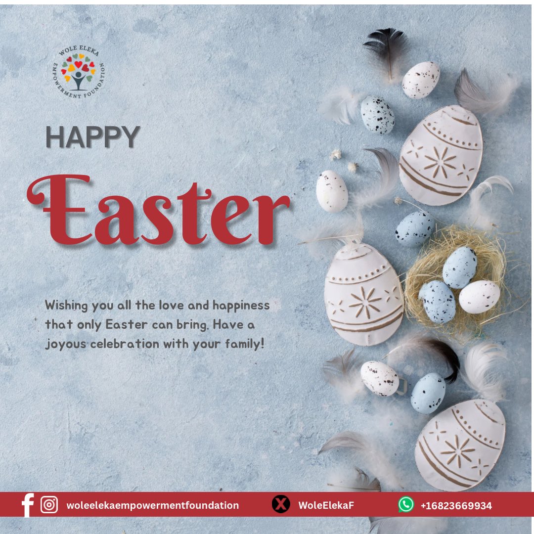 WoleElekaF's tweet photo. Wishing you a joyful Easter filled with love and fellowship!
At WEEF, we believe in the power of community and are committed to empowering individuals and families.
#HappyEaster #Easter2025 #WoleElekaEmpowermentFoundation #WEFF #CommunityLove #Empowerment #TogetherWeRise https://t.co/4H81Q6bSKq