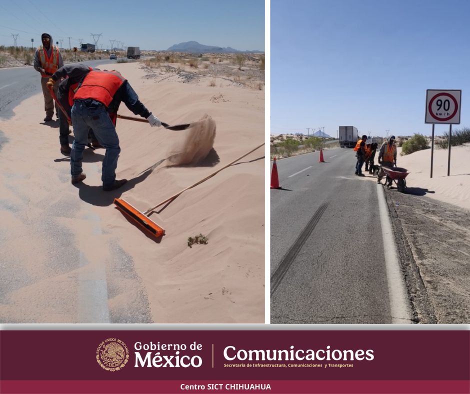 Tras el paso de la tormenta de arena que se registró en el estado y afectó el tránsito vehicular en la carretera #Chihuahua-#Juarez realizamos labores de limpieza de la vía a la altura de #Samalayuca y #VillaAhumada #CUU #conservacion #vacaciones2025 #seguridad