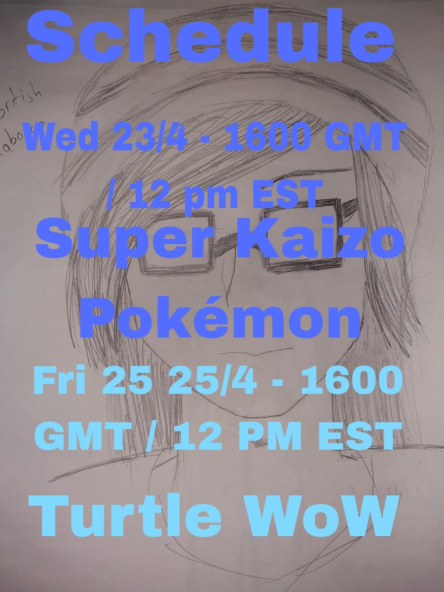 We are so back. Streams will start at 1600 gmt with a waiting room open 5-10 minutes before.a
I'll be playing the super kaizo ironmon challenge on Wednesday, and I'll be showing off my newest addiction, Turtle WoW on friday. Come hang out.
Art is a self portrait I drew.