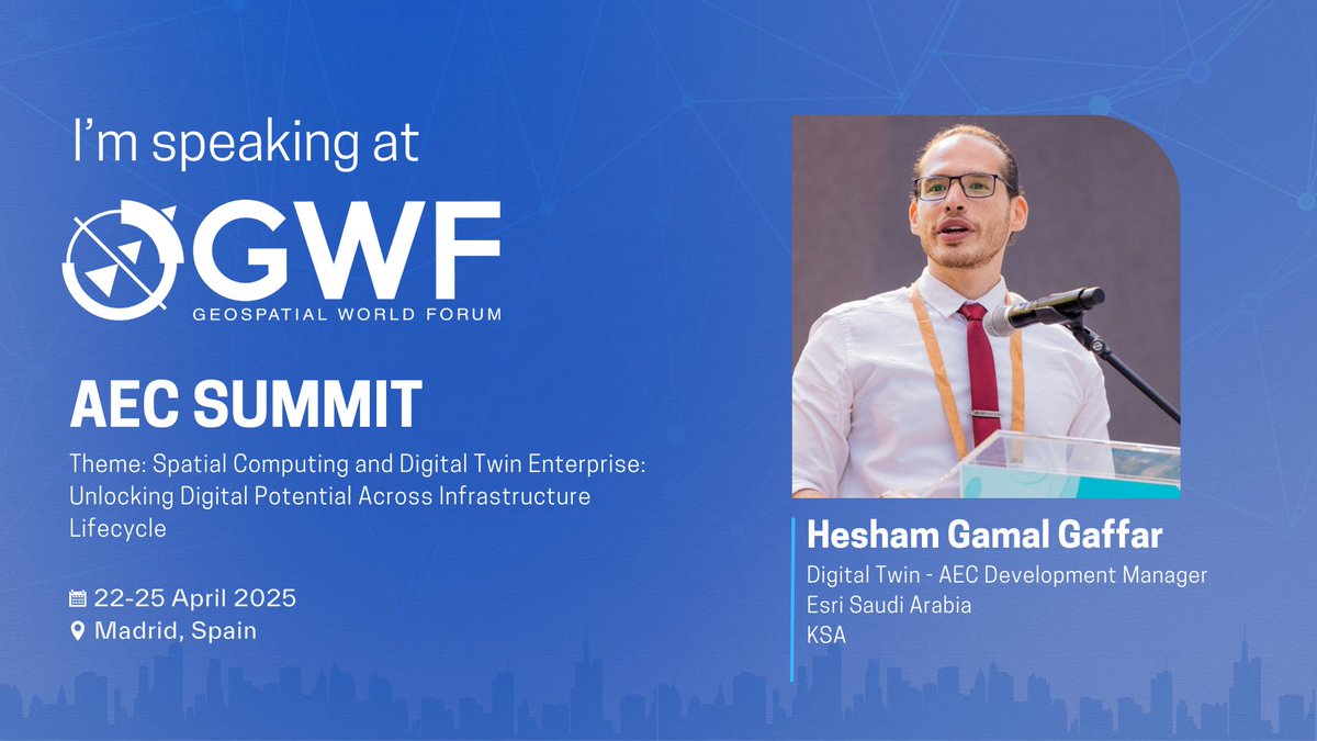 Hesham Gamal Gaafar (@hggaafar) on Twitter photo 📍مدريد
أشارك في منتدى <a href="/geospatialworld/">Geospatial World</a> لهذا العام تحت شعار:
"الحوسبة المكانية ومؤسسات التوأم الرقمي."
سأقوم بإدارة جلسة حوارية بعنوان:
"نمذجة معلومات البناء والتوأم الرقمي من أجل بنية تحتية ومبانٍ أكثر مرونة" بمشاركة خبراء وقادة صناعة دولين.
متشوّق للنقاش حول كيف تُعيد 📍مدريد
أشارك في منتدى <a href="/geospatialworld/">Geospatial World</a> لهذا العام تحت شعار:
"الحوسبة المكانية ومؤسسات التوأم الرقمي."
سأقوم بإدارة جلسة حوارية بعنوان:
"نمذجة معلومات البناء والتوأم الرقمي من أجل بنية تحتية ومبانٍ أكثر مرونة" بمشاركة خبراء وقادة صناعة دولين.
متشوّق للنقاش حول كيف تُعيد